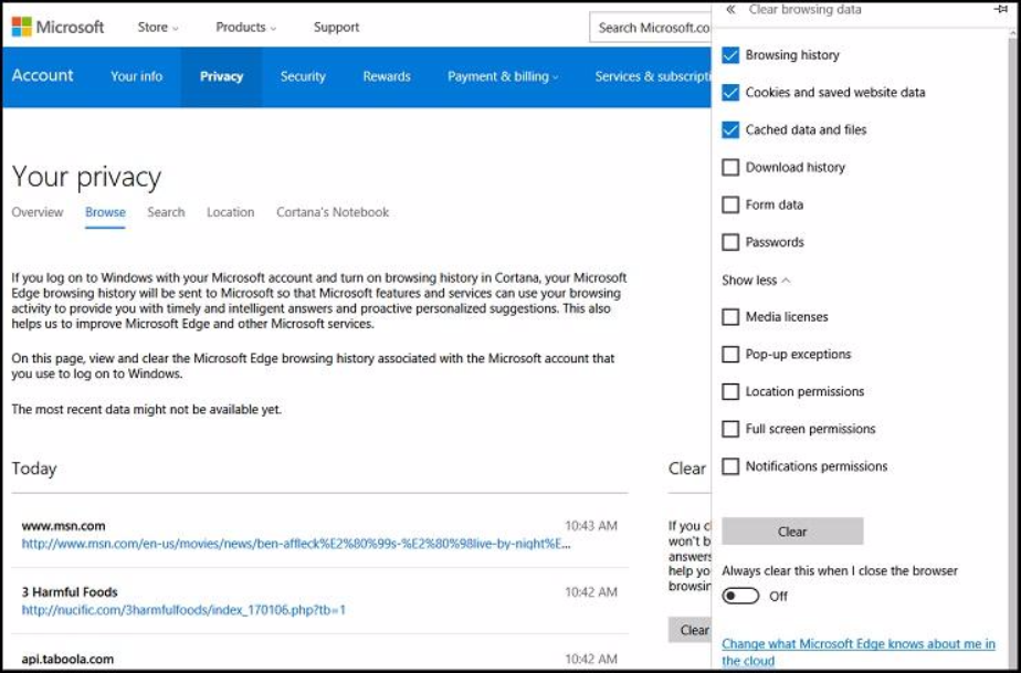 Microsoft Edge cache clearing